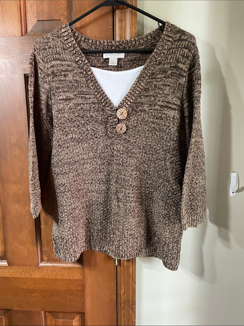 Marled Brown V-Neck Sweater with Decorative Buttons - Women's.